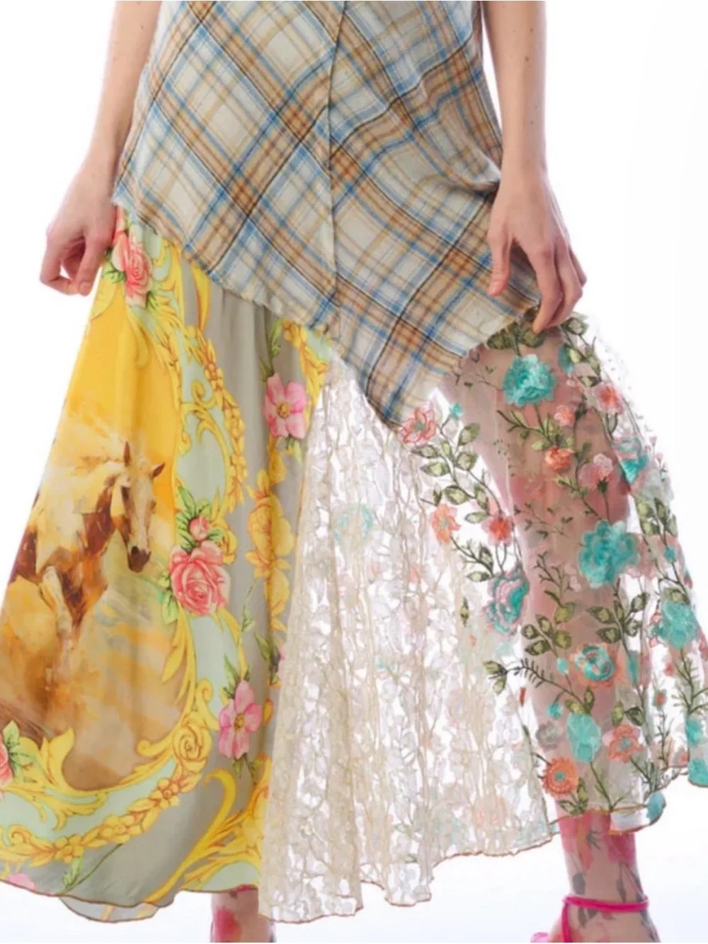 Aratta Mixed Floral Patchwork Maxi Skirt in Pastel Multi & horse - Picture 4 of 5